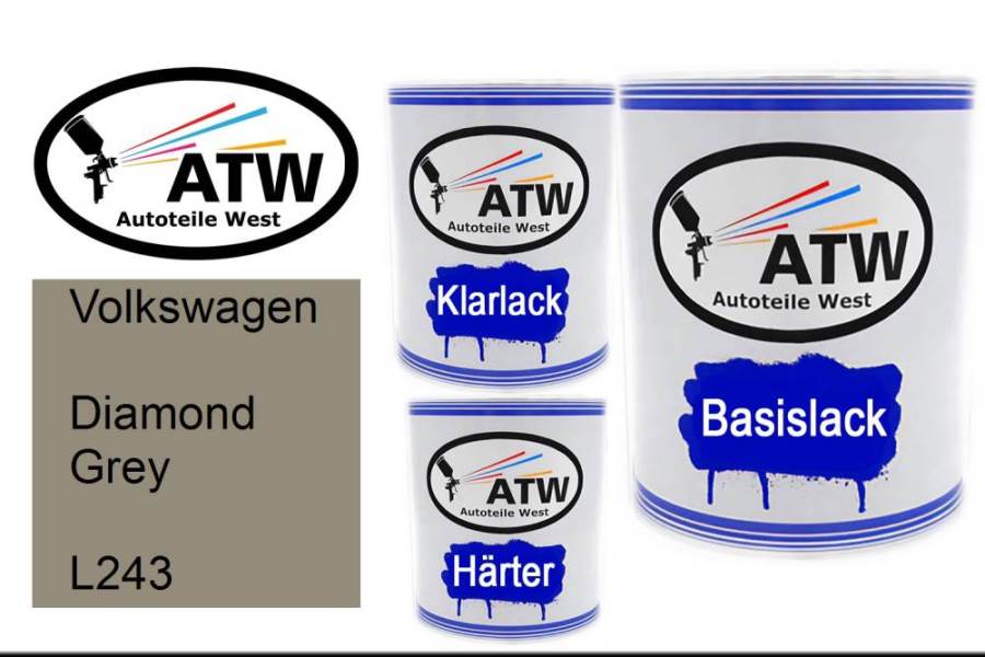 Volkswagen, Diamond Grey, L243: 1L Lackdose + 1L Klarlack + 500ml Härter - Set, von ATW Autoteile West.